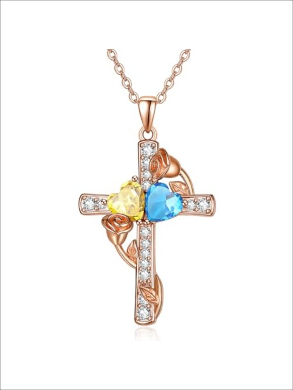Rose Gold Plated Cross Necklace Heart Birthstone Pendant Women
